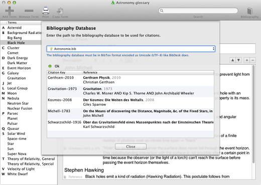 Dialog for integrating with a bibliography database